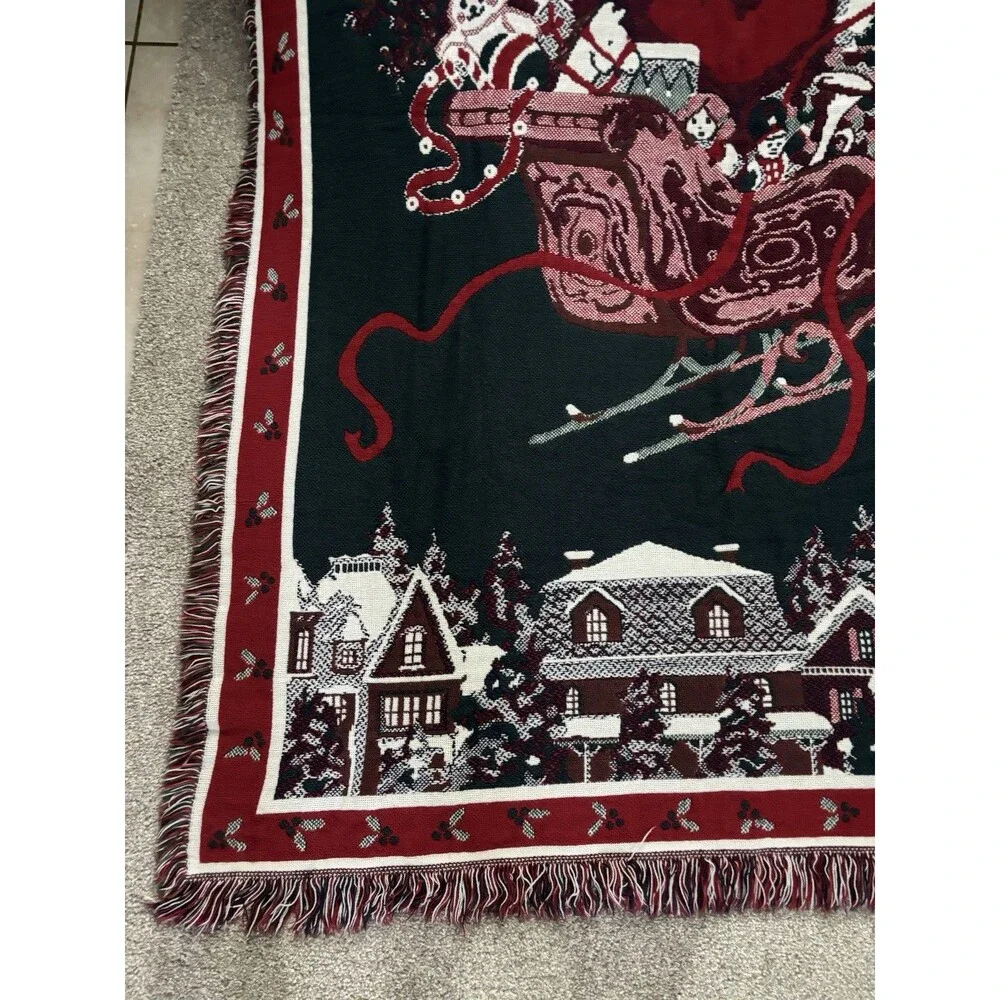 Vintage 90s Christmas Woven Tapestry Throw Blanket Santa Sleigh Reindeer 48x66
